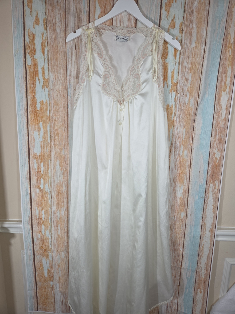 Vintage Christian Dior Lingerie Nightgown Pink Lace Maxi Ivory 1980s Boudoir. M